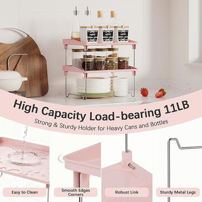 STARLATTA 2 Pcs Cabinet Organizer Shelf，Stackable Kitchen Counter Shelves, Spice Rack,Countertop Organizers，Pink Plastic Storage Shelves Rack for Makeup，Bathroom, Cupboard，Desk，Pantry Organization - Image 5