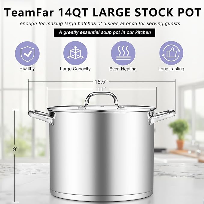 TeamFar Stainless Steel Stock Pot, 14QT Tri-ply Bottom Stockpot Large Cooking Soup Pot with Lid, for Induction Gas Electric Glass Tops, Non Toxic & Sturdy, Straight Sidewall & Various Stovetops Safe - Image 2