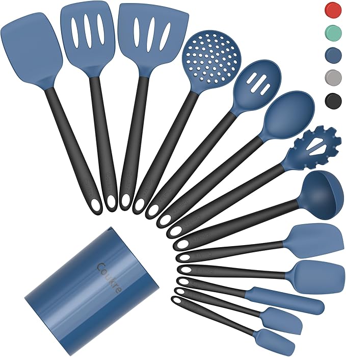 Coukre Silicone Kitchen Cooking Utensils Set with Holder – Heat-Resistant, Food-Grade Kitchen Tools, Spatula, Spoon & Gadgets for Non-Stick Pans, Dishwasher Safe (14, DarkBlue) by Coukre