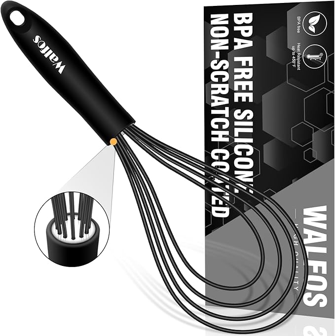 Walfos Silicone Flat Whisk,11inch Flat Whisk Non Scratch Coated Flat Whisks for Cooking.Great for Ceramic Coated pans and Wider shallower pots.Black by Walfos