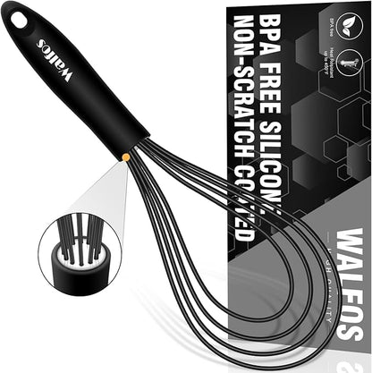Walfos Silicone Flat Whisk,11inch Flat Whisk Non Scratch Coated Flat Whisks for Cooking.Great for Ceramic Coated pans and Wider shallower pots.Black by Walfos