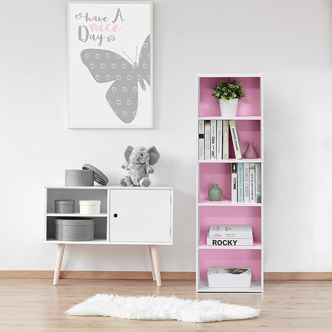 Furinno LUDER Book Shelf, 5-Tier Bookshelf, Bookcase with Open Shelves, 9.4 x 15.8 x 52, Easy Assembly, for Living Room, Bedroom, Home Office, White/Pink - Image 9