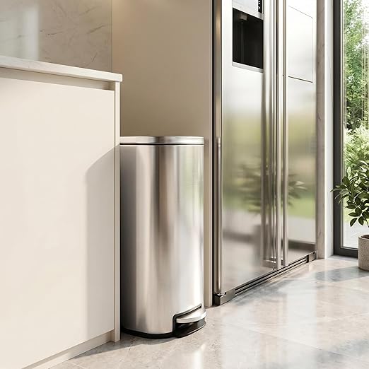 Garvee 13 Gallon Slim Kitchen Trash Can, Narrow Stainless Steel Step-On Pedal Garbage Can with Soft Close Lid, Removable Inner Bucket, Space-Saving Trash Bin for Kitchen, Bathroom, Office, Silver