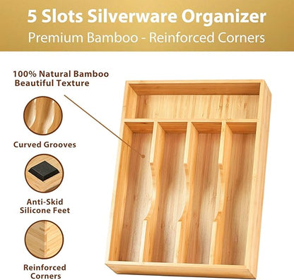 Umilife Bamboo Kitchen Drawer Organizer, 9 Inch Silverware Utensils Tray Holder for Small Drawer, Wood Caddy for Flatware Cutlery Knives - Image 2