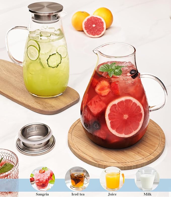 LUNA & MANTHA Glass Pitcher with Lid, 86oz Glass Water Pitcher, Large Hot Cold Water Jug, Borosilicate Drink Jug for Iced Tea, Sangria and Coffee Beverage Carafe with 2 Silicone Rings - Image 6
