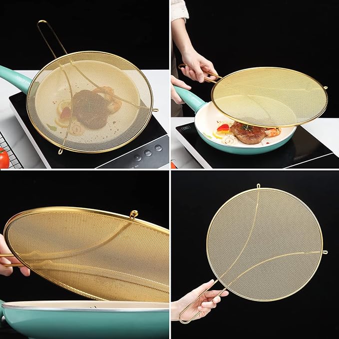 Evanda 12" Gold Splatter Screen for Cooking, Stainless Steel Fine Mesh for Frying Pan, Grease Guard for Pan to Stop Hot Oil Splatter, Protect the Skin From Burns, Safe Cooking Lid - Image 7