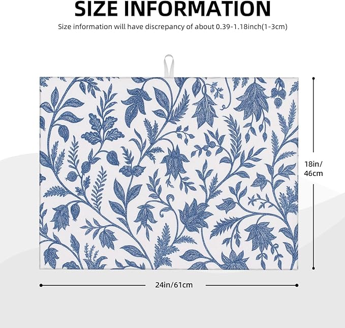 Blue Floral Print Dish Drying Mats for Kitchen Counter, Large 18"x24" Dish Mats for Drying Dishes, Microfiber Absorbent Dish Drying Pad Rack Mat Kitchen Decor Reusable Washable