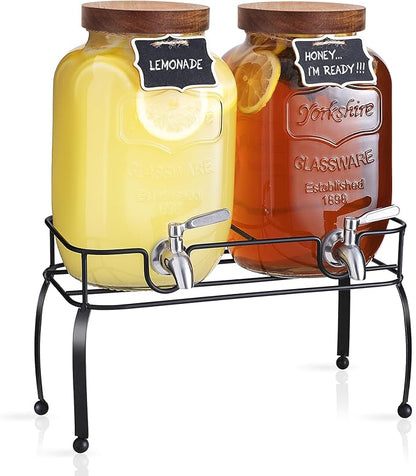 mustry Glass Drink Dispenser for Parties, 1 Gallon Beverage Dispenser with Stand and Spigot Solid Stainless Steel, Used as Lemonade Dispenser Sun Tea Jar Kombucha Jar, Set of 2 by Mustry