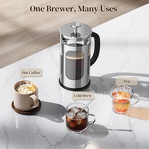 Veken French Press Coffee Maker 34oz 1 L, No Plastic Touching Cafe, Heat Resistant Thickened Borosilicate Glass, Stainless Steel Brewer, Cold Brew Cafetera Teapot for Kitchen Travel Camping, Silver - Image 9