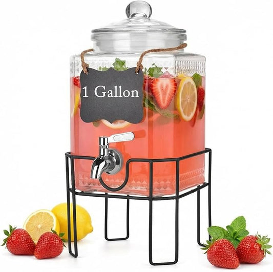Drink Dispenser, Drink Dispensers for Parties, 1 Gallon Glass Beverage Dispenser with Stand and Glass Lid, 100% Leakproof Spigot, Ideal for Lemonade, Juice, Iced Tea, Laundry Detergent by Edycur