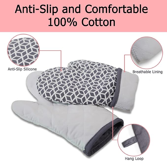 Oven Mitts and Pot Holders Sets 6pcs, Thick Cotton Oven Gloves High Heat Resistant 500℉with Extra Long Oven Mitts and Hot Pads Potholders with Non-Slip Silicone Surface for Cooking Baking - Image 5