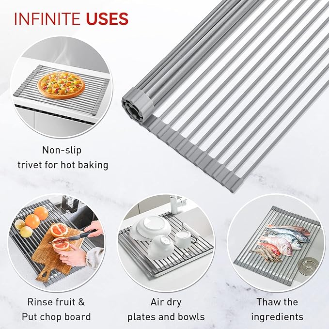 MERRYBOX Roll Up Dish Drying Rack, Silicone Wrapped Over The Sink Dish Rack Foldable Dish Drainer Anti-Slip Dish Racks for Kitchen Counter, Multipurpose Kitchen Sink Drying Rack, 18" x 13", Light Gray - Image 6