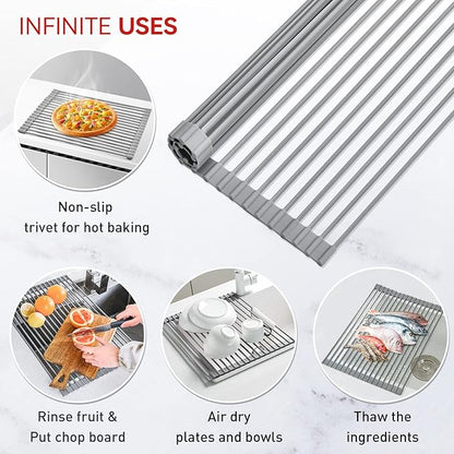 MERRYBOX Roll Up Dish Drying Rack, Silicone Wrapped Over The Sink Dish Rack Foldable Dish Drainer Anti-Slip Dish Racks for Kitchen Counter, Multipurpose Kitchen Sink Drying Rack, 18" x 13", Light Gray - Image 6