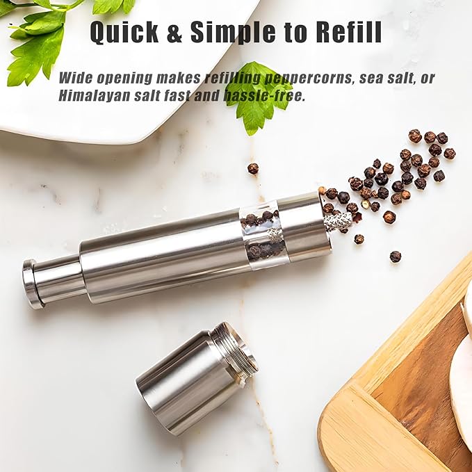 Salt and Pepper Grinder Set, Pump & Grind Peppermill, 2 Refillable Stainless Steel Mills with Thumb Press, One-Handed Salt and Pepper Grinder with Clear Acrylic Stand for Kitchen and Dining - Image 4