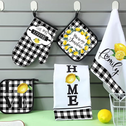 5 Pieces Buffalo Plaid Kitchen Towels Oven Mitts and Pot Holder Set Black and White Kitchen Towels Oven Gloves, Hot Pads Pot Holders for Farm House Accessories Decor(Lemon) - Image 5