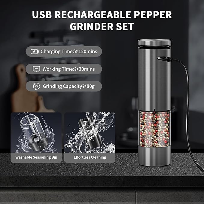 Haomacro Electric Salt and Pepper Grinder Set, Upgraded Larger Capacity Stainless Steel Automatic Salt and Pepper Mill Set Refillable with 5 Adjustable Coarseness Stainless Steel Top button Shaker