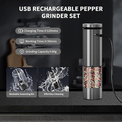 Haomacro Electric Salt and Pepper Grinder Set, Upgraded Larger Capacity Stainless Steel Automatic Salt and Pepper Mill Set Refillable with 5 Adjustable Coarseness Stainless Steel Top button Shaker
