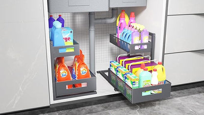 Petiza Under Sink Organizer Pull Out Cabinet Organizer Adjustable Height 2 Tier with Sliding Drawers Kitchen Bathroom Organizer and Storage(Gray-1pc) - Image 6