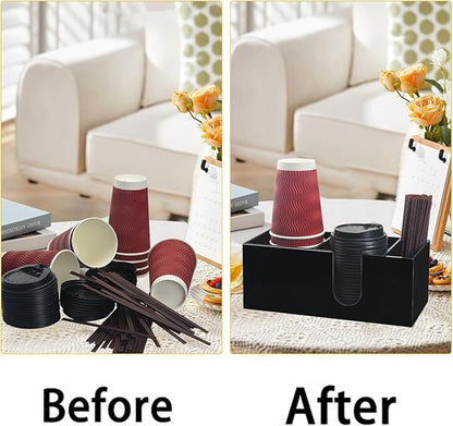 Coffee Bar Accessories and Organizer, Disposable Cup Holder for Countertop, Black Acrylic Storage and Organization for Cup Lid Stirrers Pod, Farmhouse Table Décor