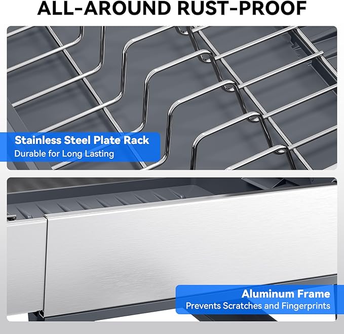 Urackify Expandable Dish Drying Rack, Stainless Steel Dish Rack with Aluminum Frame, Dish Drainer for Kitchen Counter, Space Saving Kitchen Drying Rack with Movable Utensil Holder, Gray - Image 6