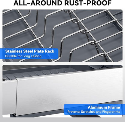 Urackify Expandable Dish Drying Rack, Stainless Steel Dish Rack with Aluminum Frame, Dish Drainer for Kitchen Counter, Space Saving Kitchen Drying Rack with Movable Utensil Holder, Gray - Image 6