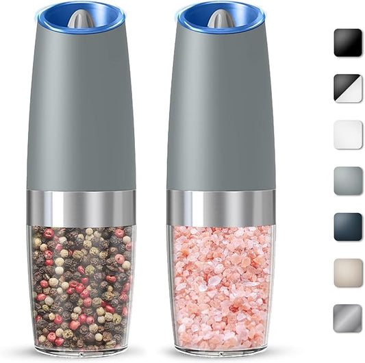 Gravity Electric Salt And Pepper Grinder Set, Automatic Salt And Pepper Grinder Set, Battery Powered (6 AAA Batteries Each), Adjustable Roughness, LED Light, 2 Pack, (Light Grey) by KIARYUOLL