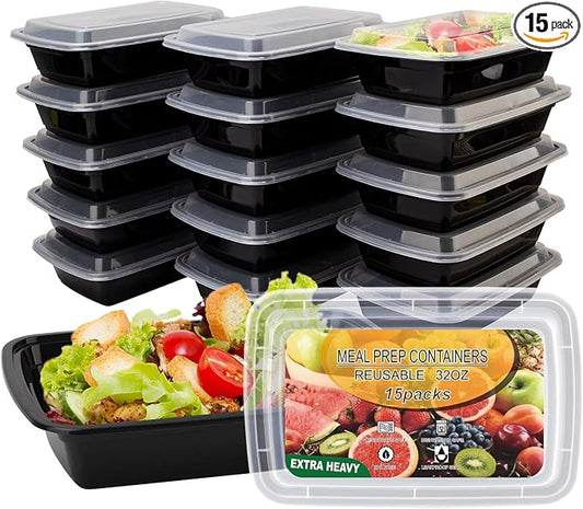 Ezalia 15 Pack- Meal Prep Containers 32oz, Plastic Food Prep Containers Reusable, Leakproof To Go Food Containers with Lids, BPA-Free, Microwave/Dishwasher/Freezer Safe by Ezalia