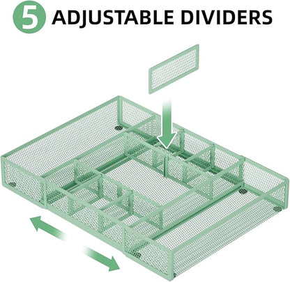 Marbrasse Expandable Desk Drawer Organizer, Mesh Drawer Organizer Tray with 10 Adjustable Compartments, Desk Organizers and Accessories for Office Supplies, Makeup & Vanity (Expandable-Green) - Image 3