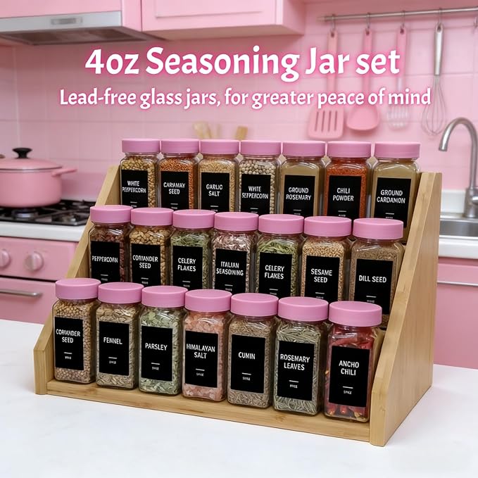 Pink Spice Jars with Labels - 24 Glass Spice with Shaker Lids & Airtight Plastic Caps - 4oz Complete Seasoning Containers Organizer Set for Cabinet, Drawer & Rack (Deeppink) - Image 3