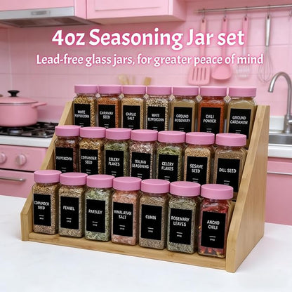 Pink Spice Jars with Labels - 24 Glass Spice with Shaker Lids & Airtight Plastic Caps - 4oz Complete Seasoning Containers Organizer Set for Cabinet, Drawer & Rack (Deeppink) - Image 3