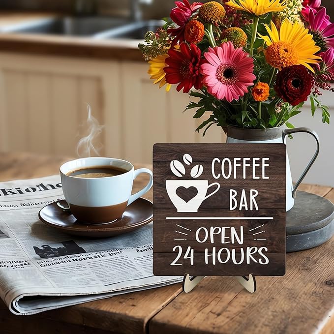Coffee Bar Sign Plaque Decor, Vintage Farmhouse Kitchen Counter Sign for Coffee Station Kitchen Office,Cafe Bar Accessories, Open 24 Hours Mini Bar Decor(Brown4, 5.9x5.9inches) - Image 7
