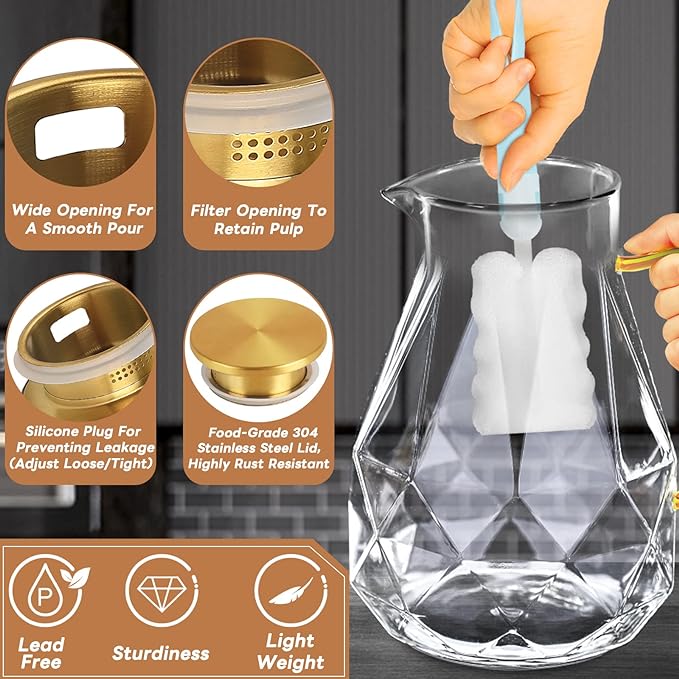 Yirilan Glass Pitcher, 2.2 Liter Water Pitcher With Lid,Iced Tea Pitcher for Fridge,Carafe With Lid, Glass Water Jug For Juice, Milk, Cold Or Hot Beverages, 2 Quart - Image 3