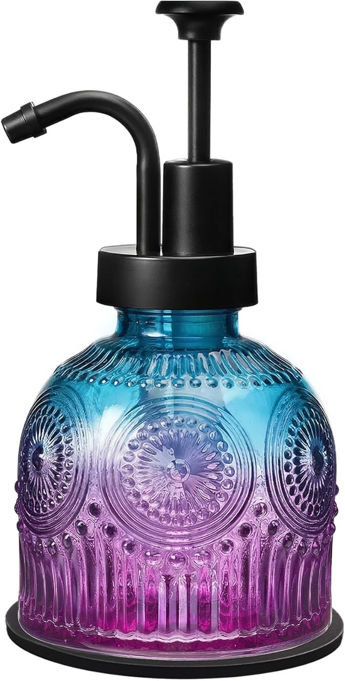 SheeChung Vintage Soap Dispenser, Kitchen Dish Soap Dispensers with Pump Mat, Glass Hand Soap Dispenser for Bathroom, Liquid, Lotion, Refillable, Rustic Farmhouse Decor-Purple Blue (Black Pump, 1 pk)