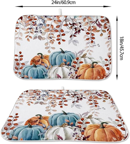 Fall Dish Drying Mat 18 x 24 Inch Autumn Maple Leaf Pumpkin Drying Mat for Kitchen Counter Absorbent Farmhouse Harvest Thanksgiving Dishes Dry Pad for Drainer Rack Kitchen Fast Dry
