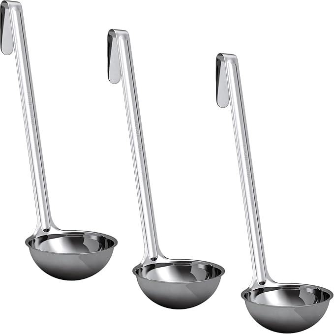 Super Sturdy, Ergonomic 4 Oz. Soup Ladle 3 Pk. Stainless Steel Ladles with Long Handles. Best Kitchen Accessories for Stirring, Portioning and Serving Soups, Chili and Stew in Restaurants and at Home by FoodRestaurantSupplies