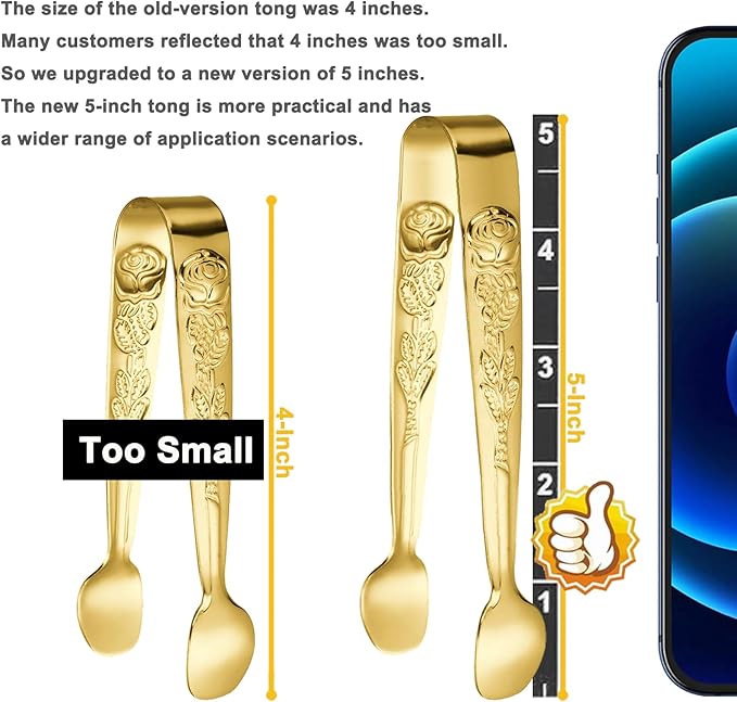 HINMAY 6PCS Mini Serving Tongs 5-Inch Small Rose Sugar Cube Appetizer Tongs, Tiny Metal Tong for Tea Party, Coffee Bar, Desserts (Gold)