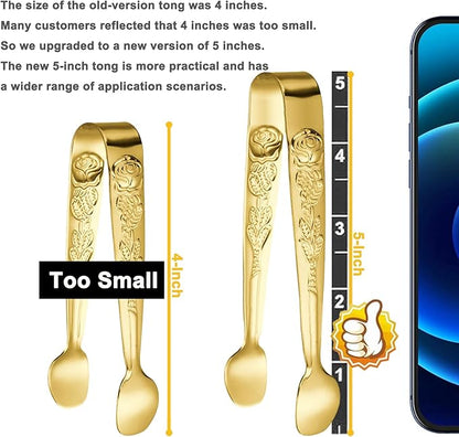 HINMAY 6PCS Mini Serving Tongs 5-Inch Small Rose Sugar Cube Appetizer Tongs, Tiny Metal Tong for Tea Party, Coffee Bar, Desserts (Gold)