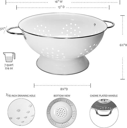 Reston Lloyd Calypso Basics Extra Large Enameled Colander with Solid Base, Strainer Basket with Handles, for Pasta, Berries, Vegetables, Fruit, Indigo, 7 Quart (224oz/ 6.6 L)
