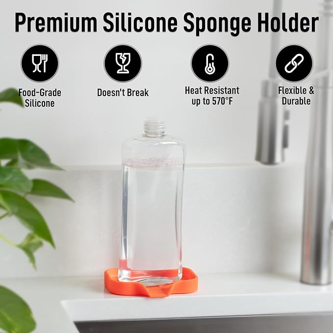 Zulay Kitchen Small Silicone Sponge Holder (4.9x3.3”) – Space-Saving Sink Organizer Tray for Sponge, Soap, Brush & More – Compact Non-Slip Dish for Kitchen & Bathroom (Orange) - Image 2