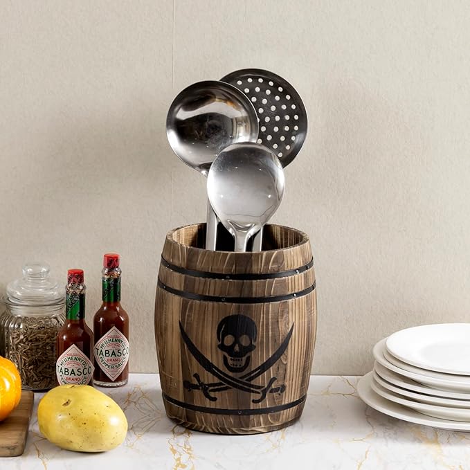 MyGift Rustic Burnt Wood Pirates Rum Cask Style Kitchen Utensil Crock, Vintage French Wine Barrel Cooking Tools Holder with Skull and Cutlass Sword Design - Image 2