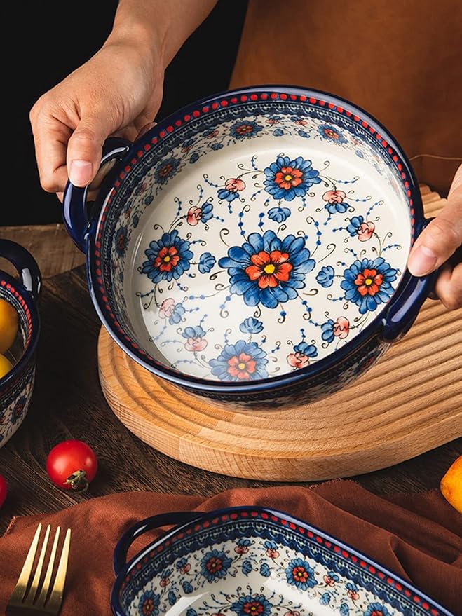 Blue and Orange Flower Vintage Style Ceramic Bakeware Casserole Lasagna Pans Baking Dish with Handles for Oven/Cooking/Kitchen-1 PCS-32 OZ - Image 3
