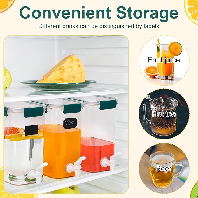 Mumufy 3 Set Plastic Drink Dispensers for Parties Beverage Dispenser for Fridge with Spigot Iced Juice Lemonade Container with Labels and Pens Summer Party Supplies(1.2 Gallon,Green) - Image 3