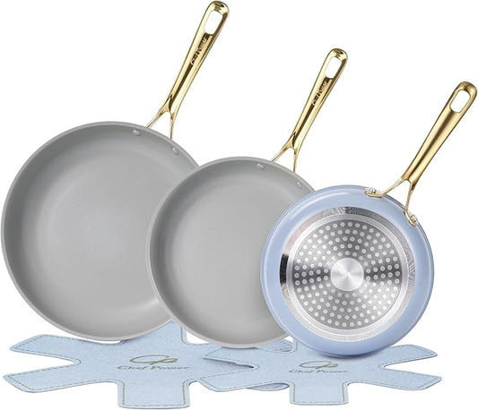 Chef Power Ceramic Frying Pan with Stainless Steel handle 5Pcs Set, Non Stick Grill Pan Set, Dishwasher and Oven Safe, Blue Gray and Granite Grey