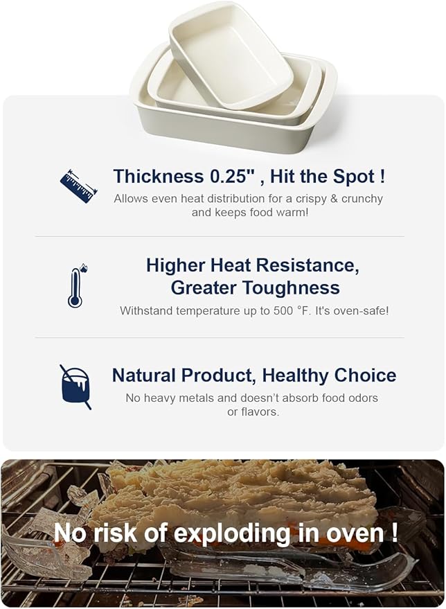 LE TAUCI Deep Casserole Dishes for Oven, 13.7”x9.6” Ceramic Baking Dish Set with Roasting Racks, Large Lasagna Pans with Handles, Rectangular Bakeware as Gift for Mom, Oatmeal Greige (4.6QT/3.0QT/1.6QT), Set of 3 - Image 8