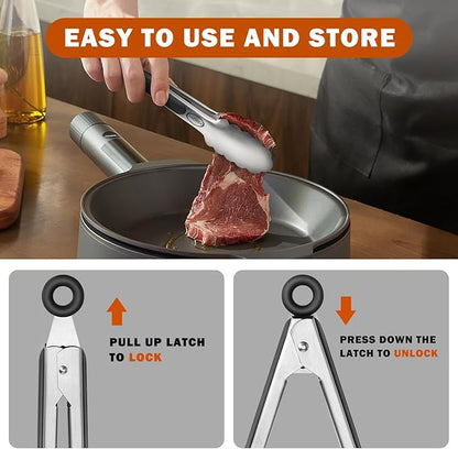 TACGEA Stainless Steel Kitchen Tongs, Silicone Non-slip Grip, Locking Grilling Food Tongs Set of 3-7inch, 9inch and 12inch - Image 3