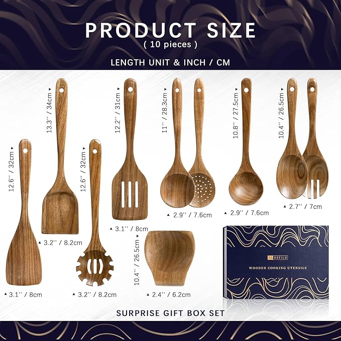 Wooden Spoons for Cooking, Nonstick Cooking Utensil Set with 9 Piece Acacia Wooden Spatulas and Spoons, as well as a Extra Whole Wood Spoon Rest, Terrific for Everyday Kitchen Tasks - Image 2