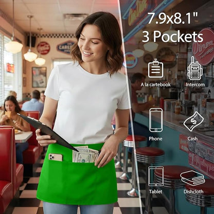 BOHARERS Waist Apron with 3 Pockets12 Pack - Green Waitress Server Short Apron - Image 2