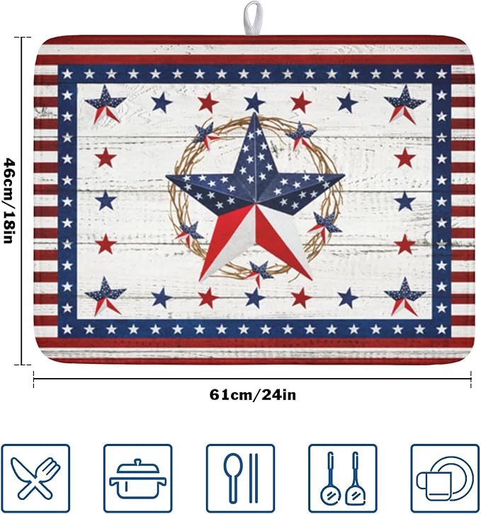4th of July Patriotic Dish Drying Mat for Kitchen Counter Vintage Red and Blue Star Microfiber Dish Drainer Mat Country Absorbent Washable Drying Pad Extra Large 18"x24"