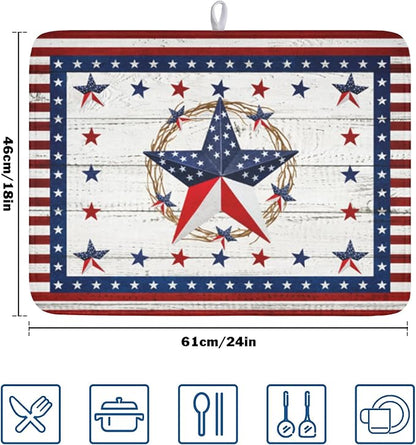 4th of July Patriotic Dish Drying Mat for Kitchen Counter Vintage Red and Blue Star Microfiber Dish Drainer Mat Country Absorbent Washable Drying Pad Extra Large 18"x24"