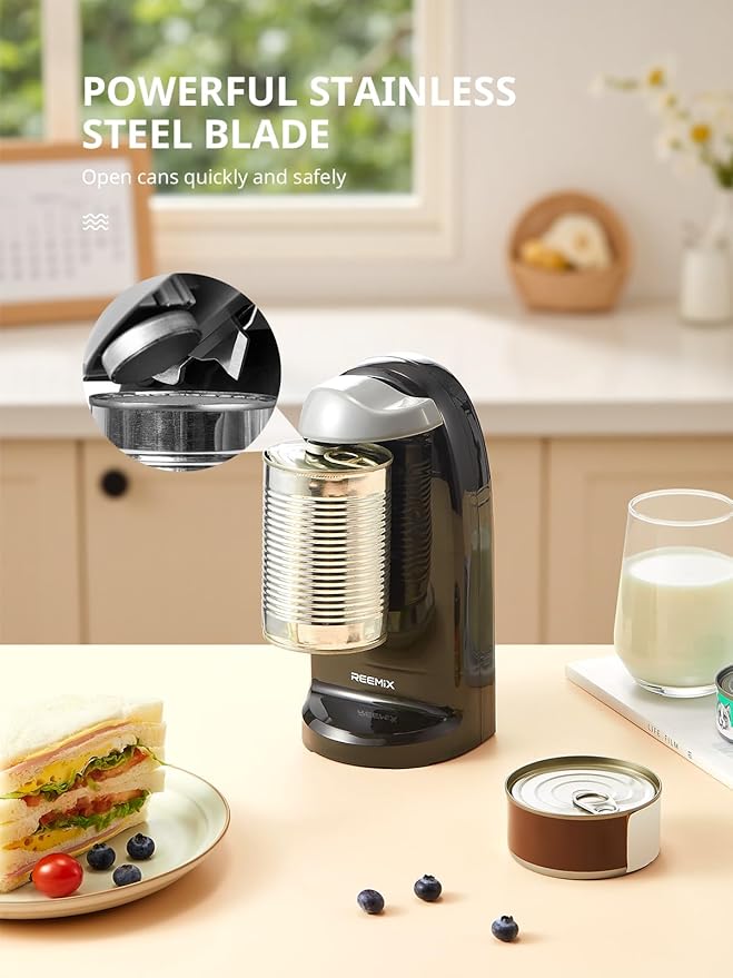 Reemix Electric Can Opener, One-Touch Operation, Knife Sharpener and Bottle Opener 3 in 1, Easy Clean Kitchen Tool for Home Use, Automatic Can Opener, Black